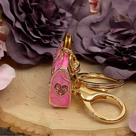 Chic Pink Crystal Heart Handbag Keychain Charm - Picture 8 of 9